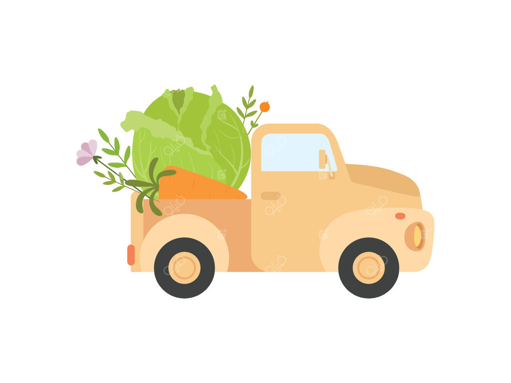 کامیون بامزه در حال تحویل کلم تازه، نمای جانبی، تصویر حمل‌ونقل سبزیجات تازه باغ