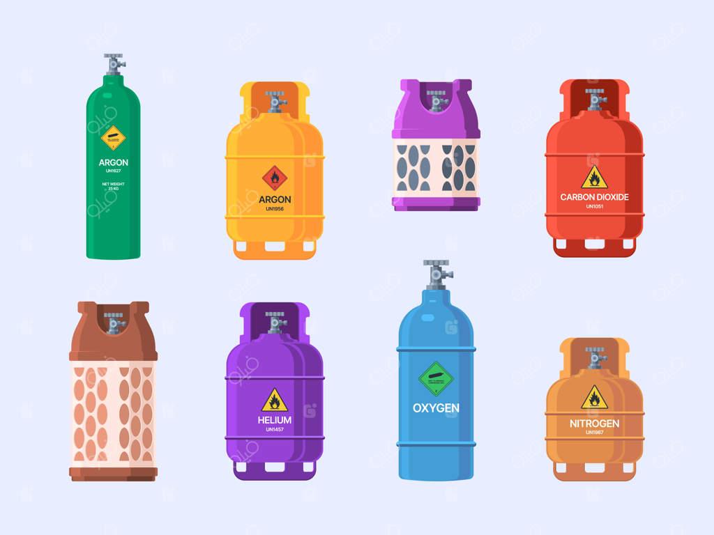 مخازن گاز: سیلندرهای فولادی صنعت نفت با شیرآلات وکتورهای پر زرق و برق مجزا