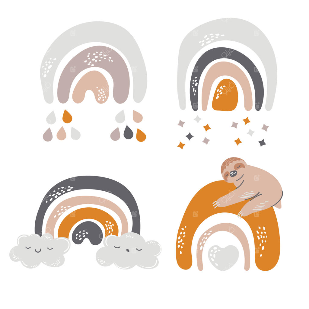 آبستره تنبل رنگین کمانی بوهوی مینیمال: قوس برای اتاق نوزاد و کودک با طرح حیوانات بامزه