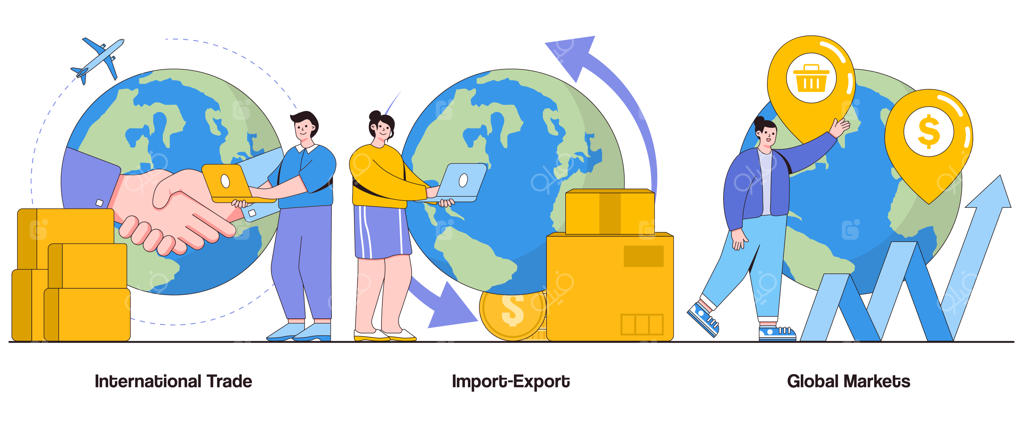 مفهوم تجارت بین‌المللی: واردات و صادرات در بازارهای جهانی با شخصیت‌ها - مجموعه‌ای از تصویرسازی‌های انتزاعی کسب‌وکار جهانی، توافق‌های تجاری، گسترش بازار و ارتباطات بین فرهنگی