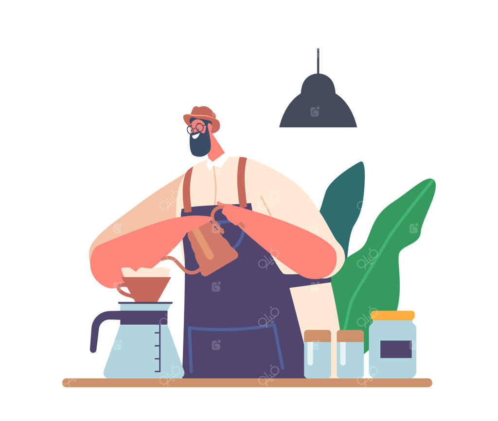 باریستای هیپستر در حال درست کردن قهوه با استفاده از روش پور اور، شخصیت مذکر با لبخند، دارای پیش‌بند، در کافه یا کافی‌شاپ مشغول کار است.