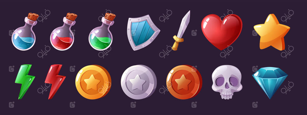 آیکون‌های بازی کارتونی: شیشه‌های معجون و اکسیرهای جادویی، قلب سلامتی و برق قدرت، سکه‌ها و مجموعه‌ای از الماس‌ها