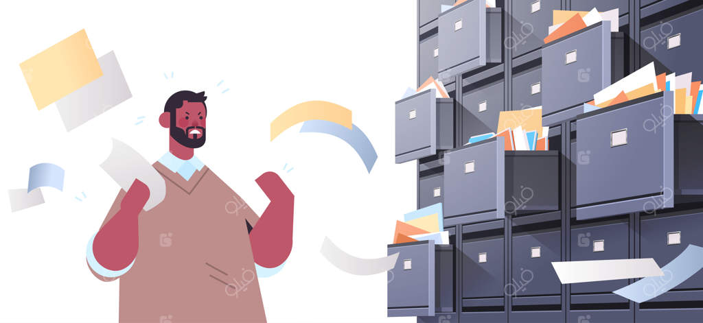 کسب و کار مردی خسته در حال جستجوی اسناد در کابینت بایگانی با کمدهای باز؛ مدیریت تجاری و کار با اسناد و مدارک، تصویر افقی وکتور