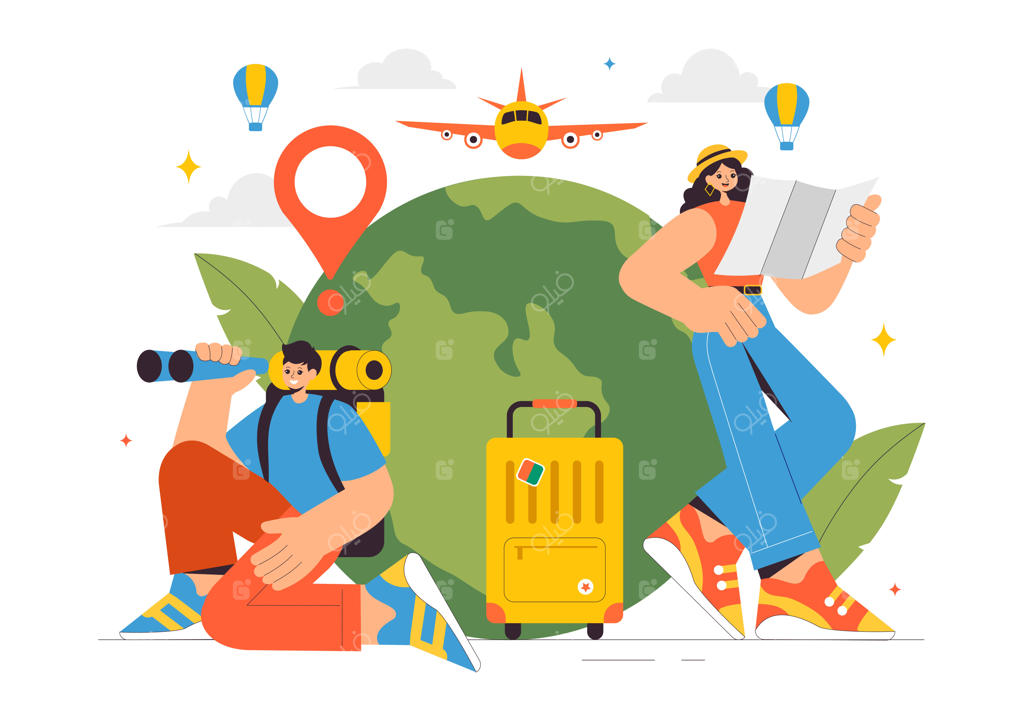 تصویرسازی وکتور سفر و ماجراجویی با کوله‌پشتی، نقشه و دوربین عکاسی با سبک طراحی تخت