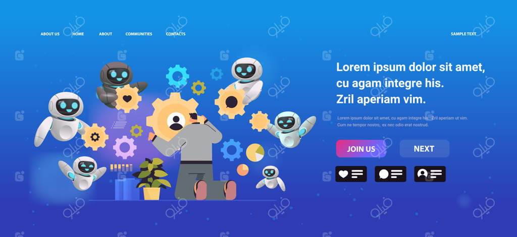 تاجر با ربات‌های دستیار: فناوری چرخ دنده و فرآیند کار، مفهوم توسعه و مکانیزم - تصویر افقی با فضای خالی برای متن