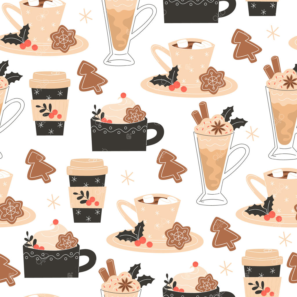 پترن یکپارچه کافه کریسمس با قهوه داغ، لاته، شکلات داغ، دارچین، بادیان و نان زنجبیلی