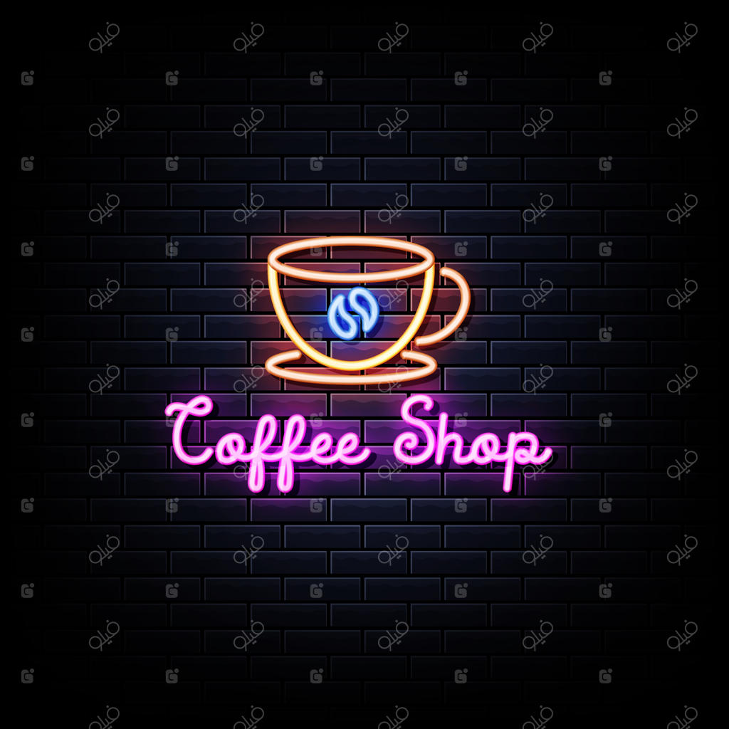 تابلوی نئون کافه‌ در دیوار آجری سیاه