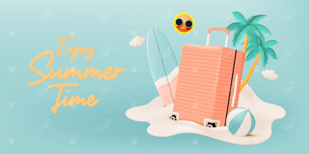 اشیاء تابستانی و ساحلی با سبک هنری سه‌بعدی و واقع‌گرایانه