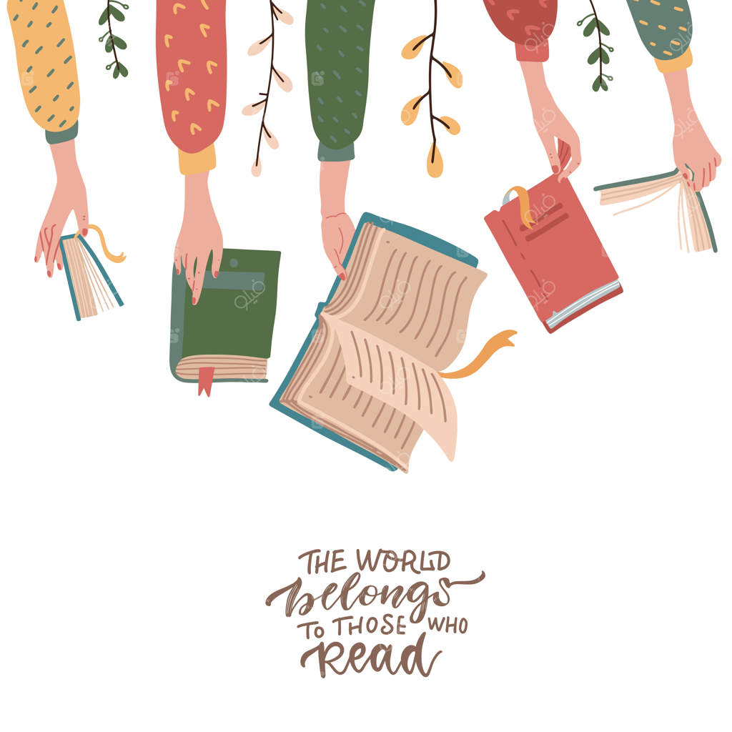دست‌هایی که کتاب‌ها را نگه داشته‌اند. نقل قول: دنیا متعلق به کسانی است که می‌خوانند.