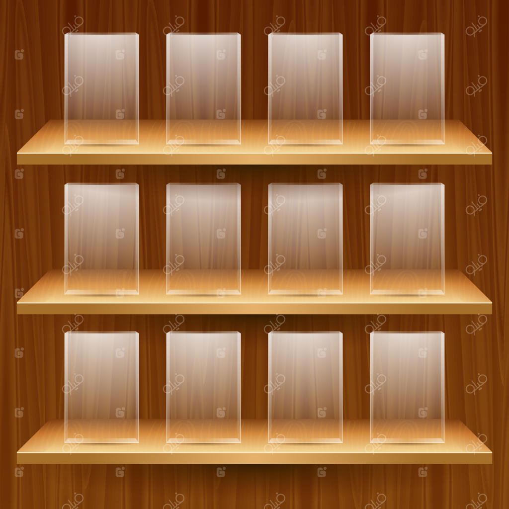 قفسه‌های چوبی با جعبه‌های شیشه‌ای خالی