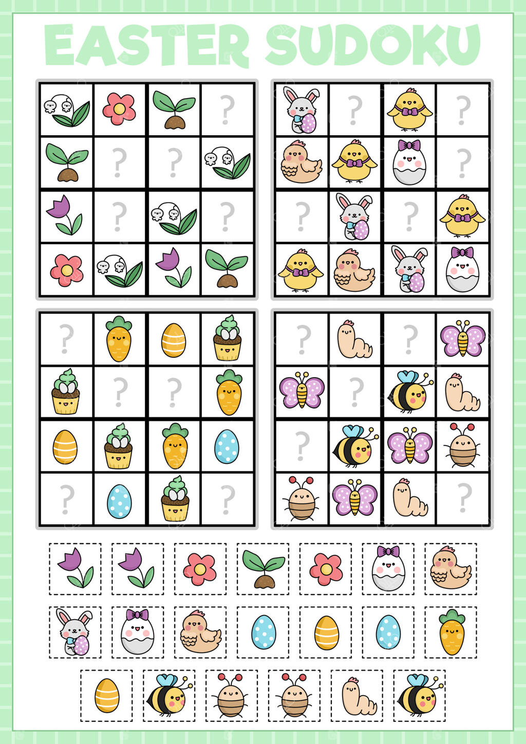 پازل سودوکو عید پاک برای کودکان با تصاویر بامزه. مسابقه ساده بهاری با برش و چسباندن عناصر. فعالیت آموزشی در باغ با خرگوش، جوجه، گل، حشره و تخم‌مرغ. اشیای گمشده را پیدا کنید.