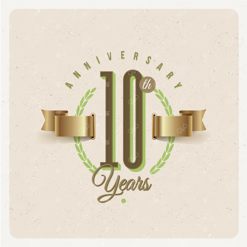 نشان دهمین سالگرد با روبان طلایی و تاج گل - تصویرسازی