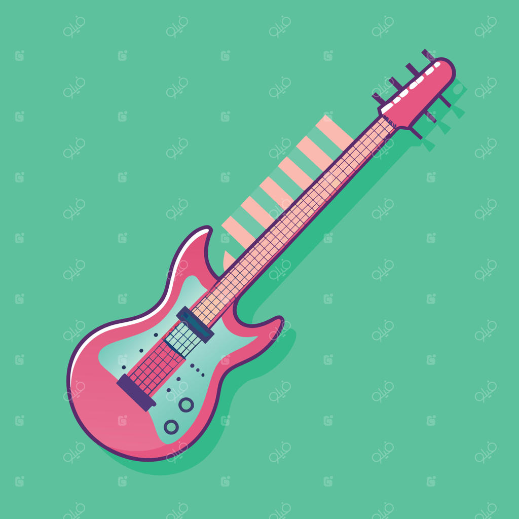 وکتور گیتار الکتریک صورتی با طرح خطوط نوار اکولایزر در پس‌زمینه آبی خاکستری پاستلی