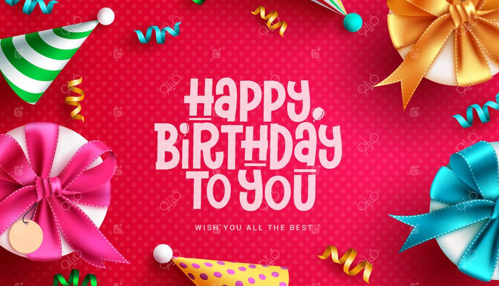 طرح پس‌زمینه وکتور برای تبریک تولد. تایپوگرافی تولد در فضای خالی همراه با جعبه هدیه و کلاه