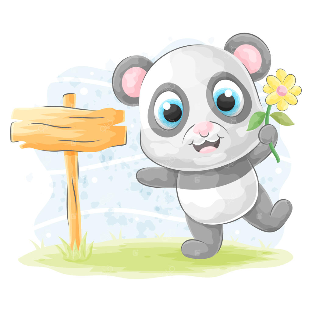 آبرنگ پاندا بامزه با تابلوی چوبی