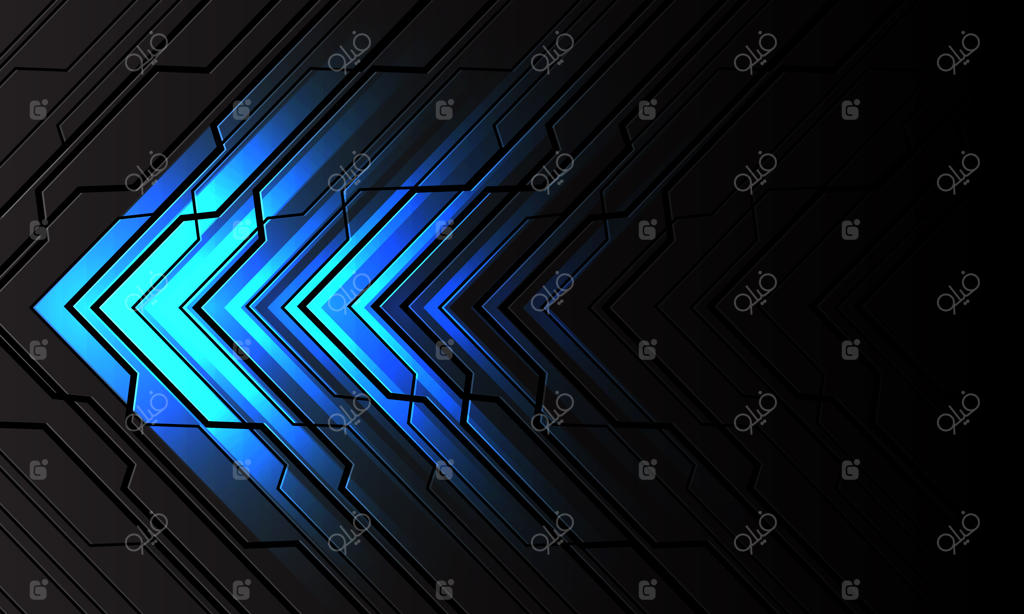 جهت فلش نور آبی در طراحی مدرن پس‌زمینه آینده‌نگر با خطوط مشکی فلزی تیره و مدار سایبری هندسی