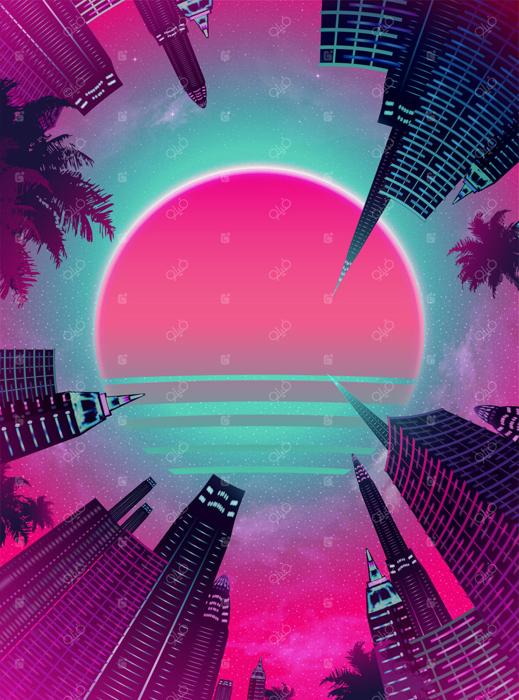 زاویه پایین در شب شهر سایبرپانک