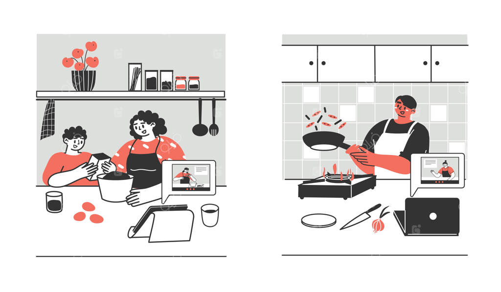 جوانان، بزرگسالان و خانواده‌ها از طریق لپ‌تاپ یا تبلت در خانه غذا آماده می‌کنند.