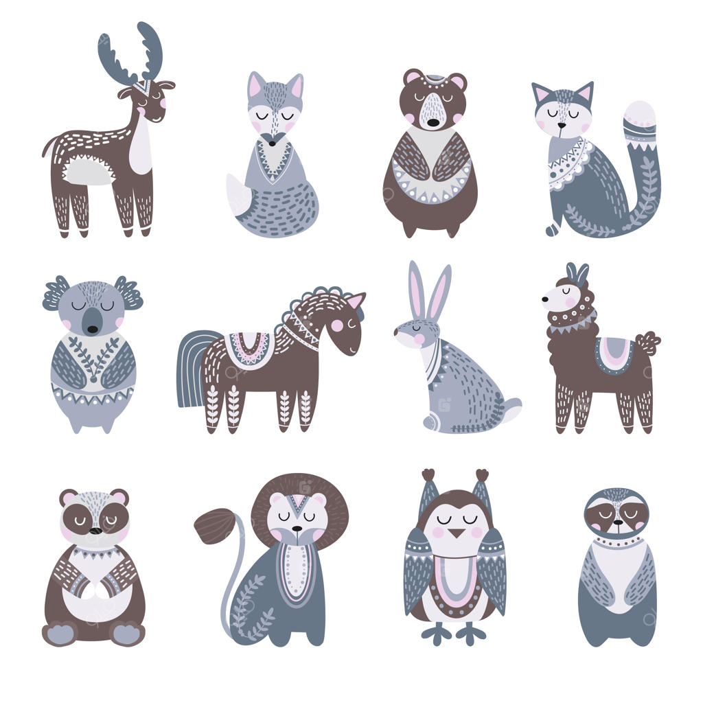 حیوانات اسکاندیناوی: بچه حیوانات بامزه - شیر، خرگوش، روباه، گوزن، اسب و شخصیت‌های وحشی نوردیک به صورت برداری و مجزا