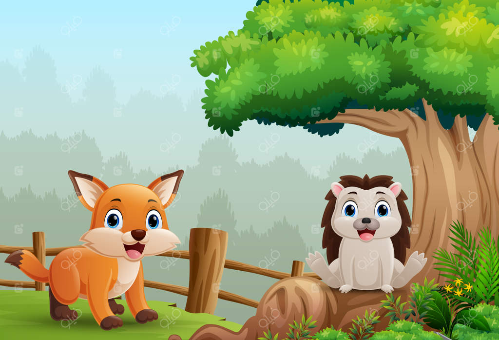 روباه و جوجه‌تیغی کارتونی در جنگل