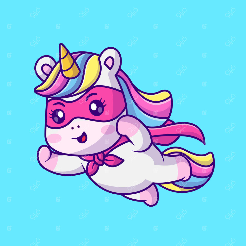 آیکون وکتور کارتونی تک‌شاخ قهرمان بامزه در حال پرواز - تصویر حیوان و تعطیلات، ایزوله و صاف