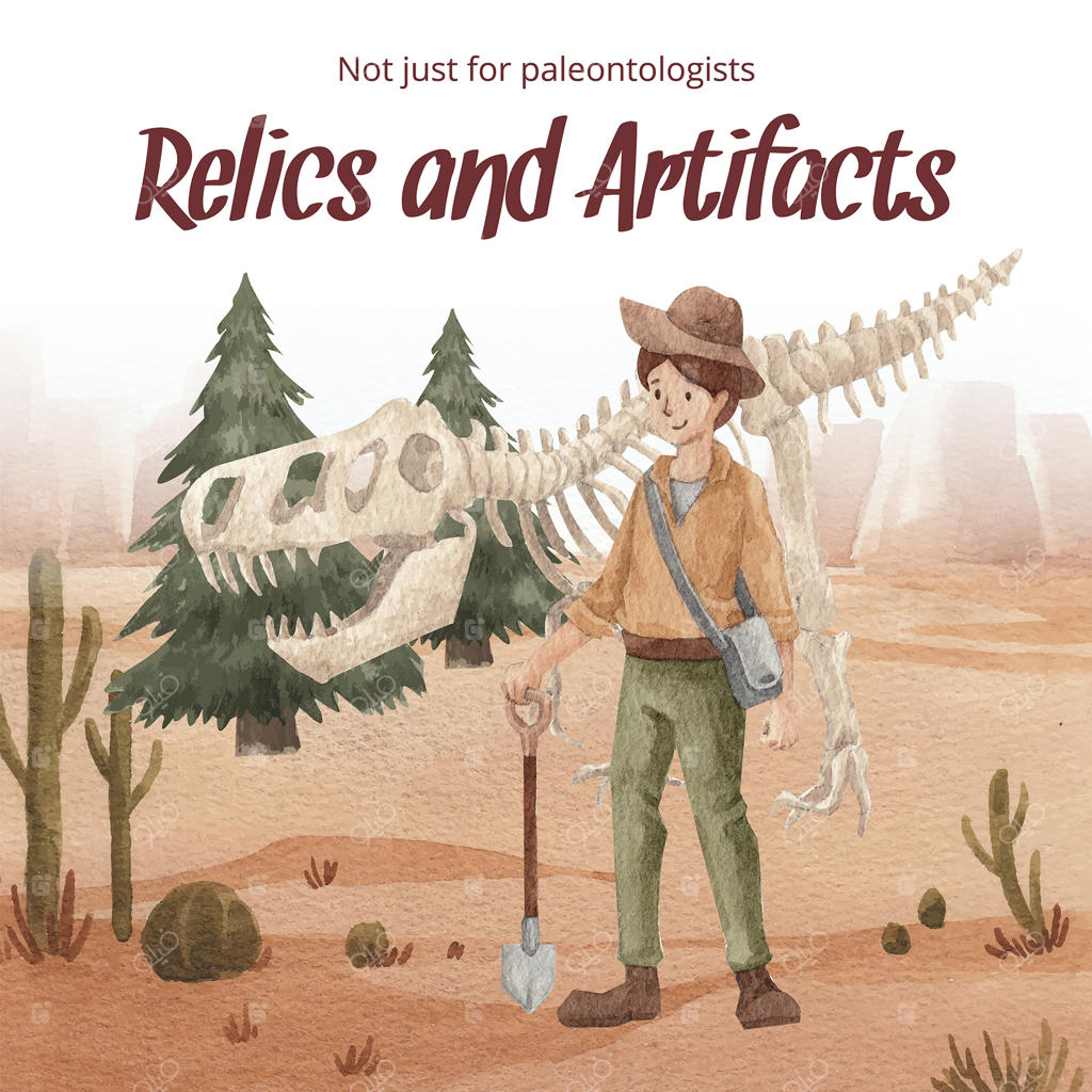 الگوی پست اینستاگرام با مفهوم باستان‌شناس فسیل به سبک آبرنگی