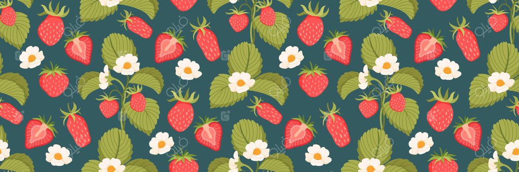 طرح توت فرنگی با توت‌ها، گل‌ها و برگ‌ها. زمینه‌ای برای باغ و کشاورزی. برش توت. چاپ گل‌دار برای طراحی، لباس، کاغذ کادو و بسته‌بندی شما. تصویرسازی برداری ساده.