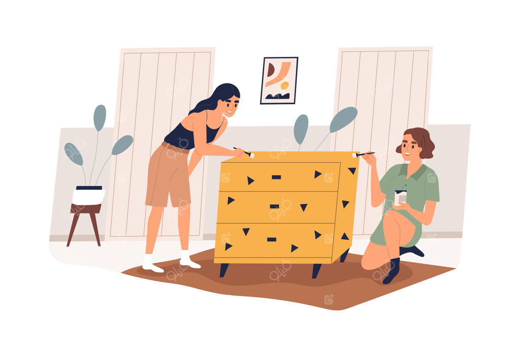 زنان در حال تزیین و رنگ‌آمیزی مبلمان در خانه. زوجی که در حال نوسازی و تعمیر کشوی دراور هستند. افراد در حال بازسازی کابینت به‌صورت مشترک. تصویرسازی وکتور ساده بر پس‌زمینه‌ای سفید.