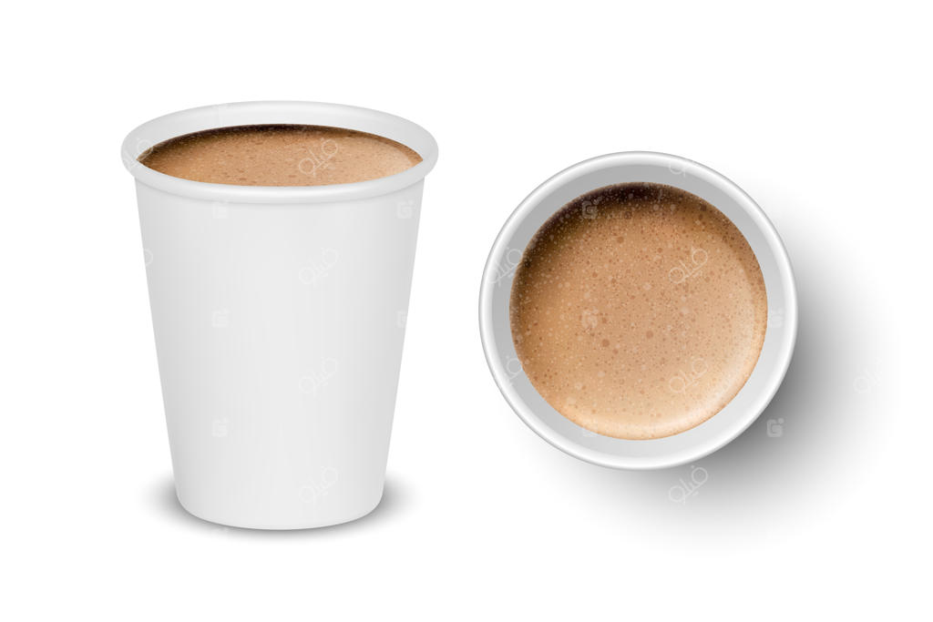 طرح مجموعه‌ای از لیوان‌های یکبار مصرف سفید سه‌بعدی با نمای از بالا و جلو، طراحی شده برای لته و کاپوچینو با کف شیر