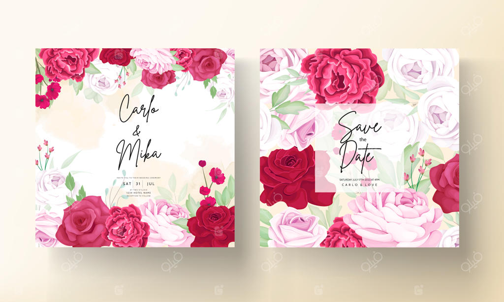 کارت دعوت عروسی با طراحی زیبا از گل‌های رز و صد تومانی شکفته