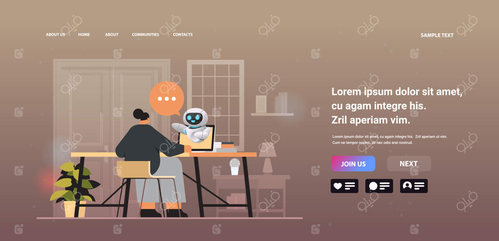 زن بازرگان در حال گفتگو با ربات چت در صفحه‌نمایش لپ‌تاپ: مفهوم ارتباط آنلاین و فناوری هوش مصنوعی