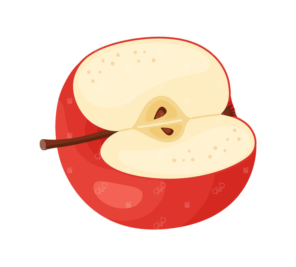 نیمه‌ی سیب قرمز رسیده، میوه تازه باغ. نقاشی دستی از مواد غذایی. نیمه‌ی سیب قرمز تازه، سبک تخت روی پس‌زمینه شفاف