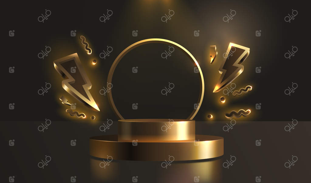 صحنه حراج بزرگ: آگهی ویژه با نماد رعد و برق و سکوی طلایی وکتور
