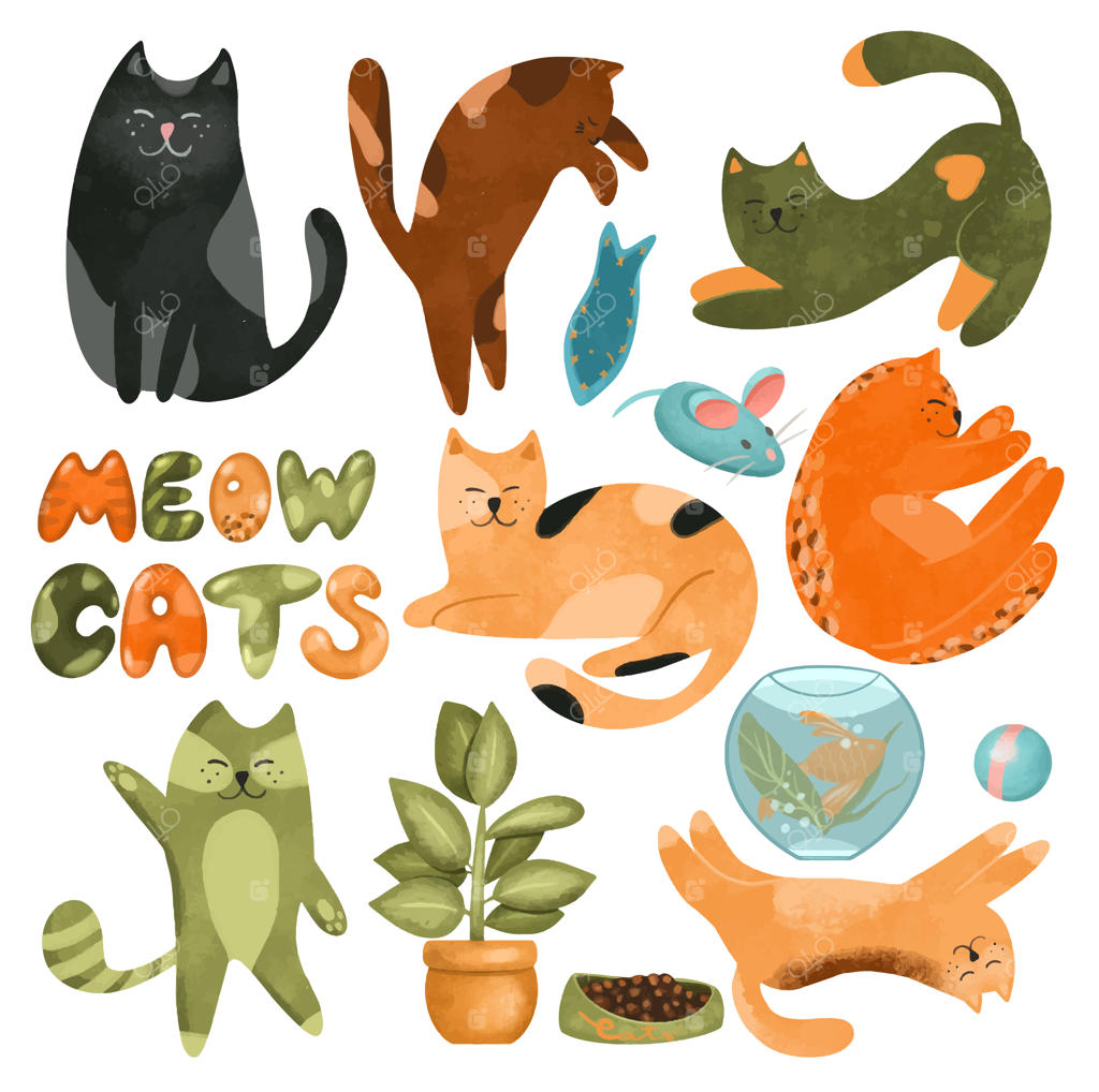 گربه‌های بامزه و رنگارنگ: مجموعه‌ای از طرح‌های دست‌کشیده روی زمینه سفید