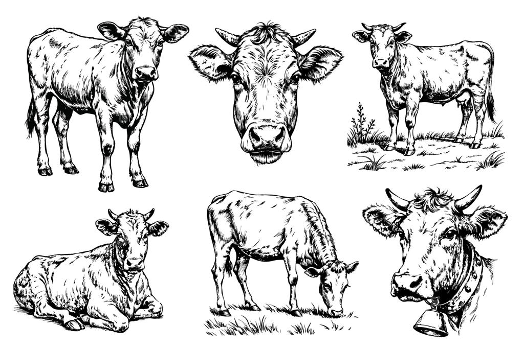 طرح گاو: اسکچ با جوهر. پس‌زمینه مزرعه، طرح سایه‌نما گاو نر. تصویر سیاه و سفید دست‌کشیده
