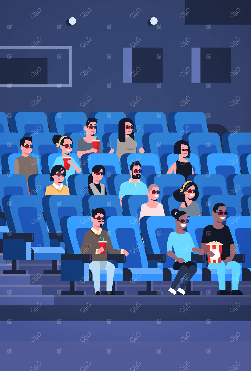 گروهی از افراد با عینک سه‌بعدی در سینما، در حال تماشای فیلم و خوردن پاپ‌کورن و نوشابه - مردان و زنان مختلف در حال خندیدن و لذت بردن از یک کمدی جدید