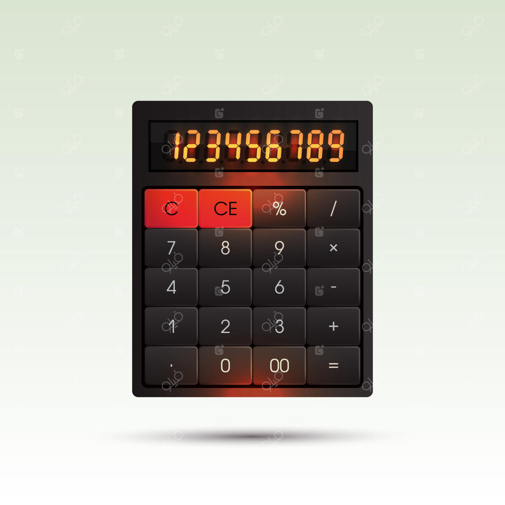ماشین حساب روی پس‌زمینه روشن با اعداد نارنجی درخشان.