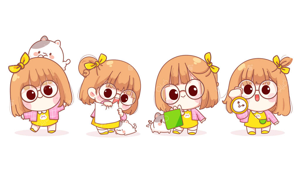 تصویر کارتونی دختری جوان در حالت‌های مختلف با تابلو