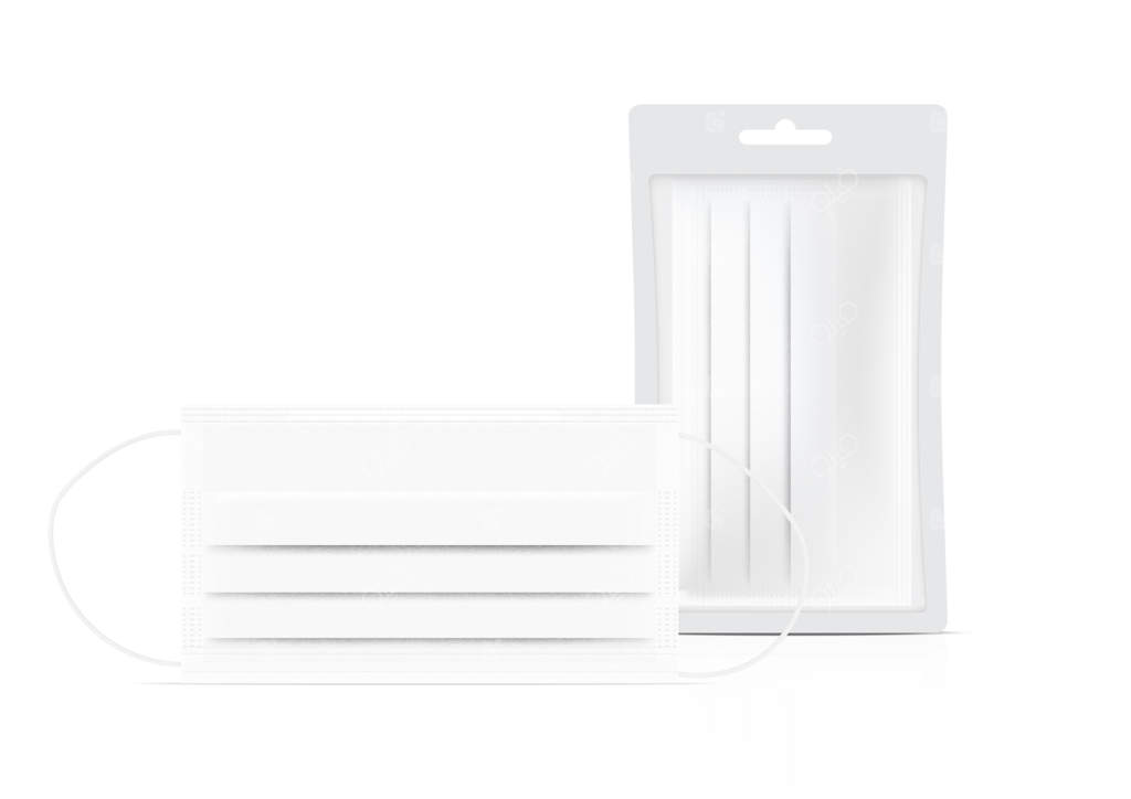 ماسک جراحی و محافظت در برابر ویروس با بسته‌بندی کیسه‌ای. طراحی مفهومی تنفس ایمن، مراقبت‌های بهداشتی و پزشکی.