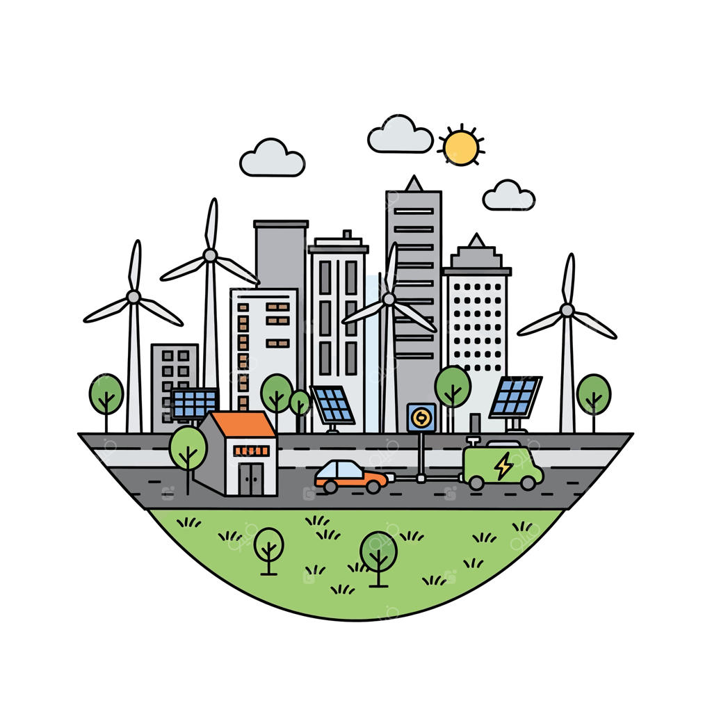 تصویری از شهری با توربین‌های بادی و پنل‌های خورشیدی