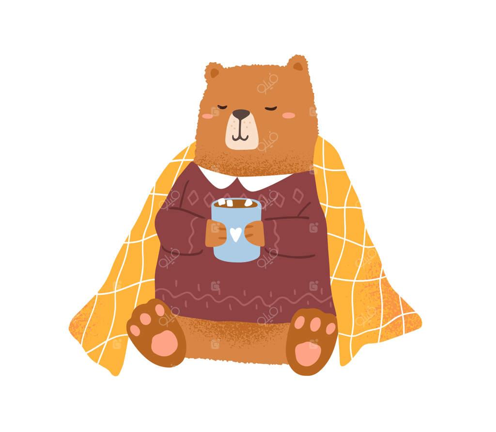 خرس بامزه با فنجان کاکائو داغ و مارشملو - تصویر تخت وکتور. حیوان خنده‌دار با ژاکت گرم. تدی خنده‌دار زیر پتوی راحت در فصل زمستان استراحت می‌کند.