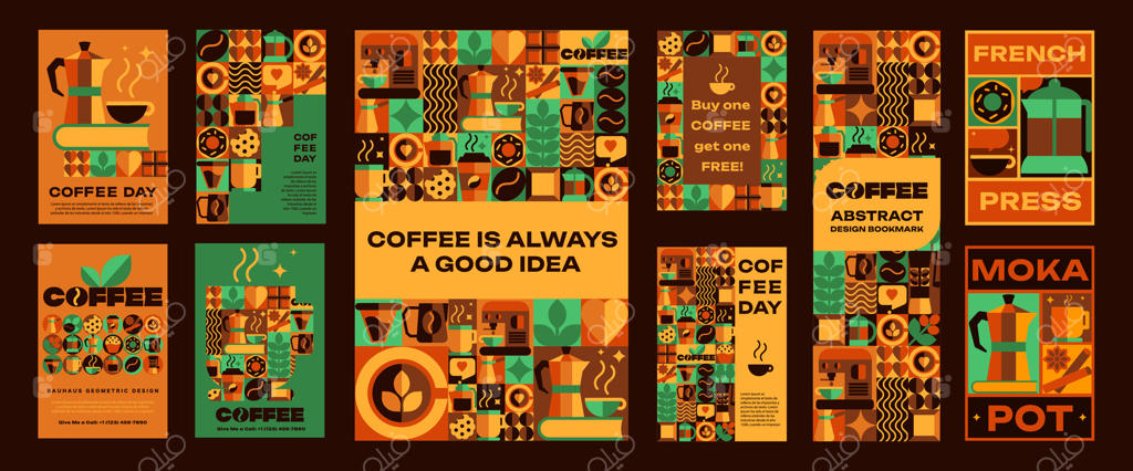 پوسترها، بنرها و نشانک‌های قهوه باوهاوس با الگوهای یکپارچه و آیکون‌های هندسی