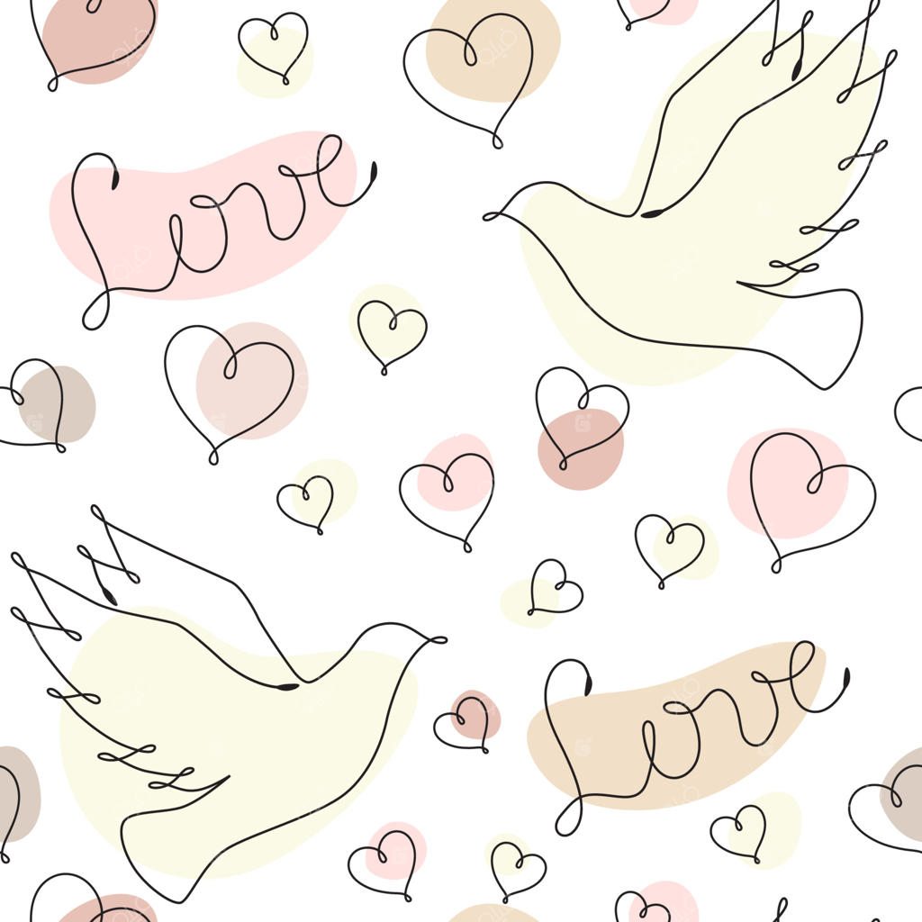 الگوی بدون درز با طراحی تک‌خطی نمادهای عاشقانه شامل کبوتر، قلب و کلمه عشق با لکه‌های پاستلی در پس‌زمینه؛ مناسب برای تزیینات عروسی و ولنتاین - وکتور