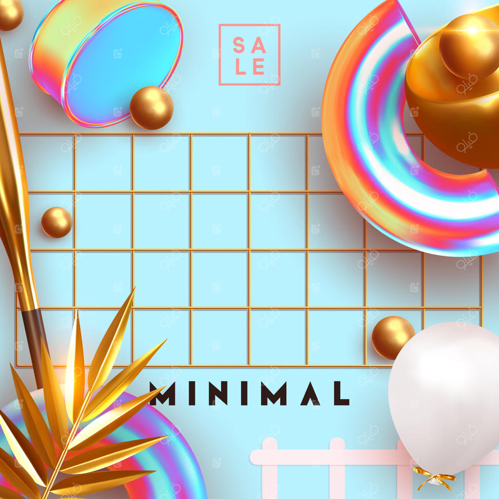 پس‌زمینه مینیمال و خلاقانه: طراحی واقع‌گرایانه اشیاء سه‌بعدی با اشکال مختلف، برگ‌های نخل طلایی، کره‌ و الگوهای هندسی. پوستر و بنر. تصویرسازی وکتور