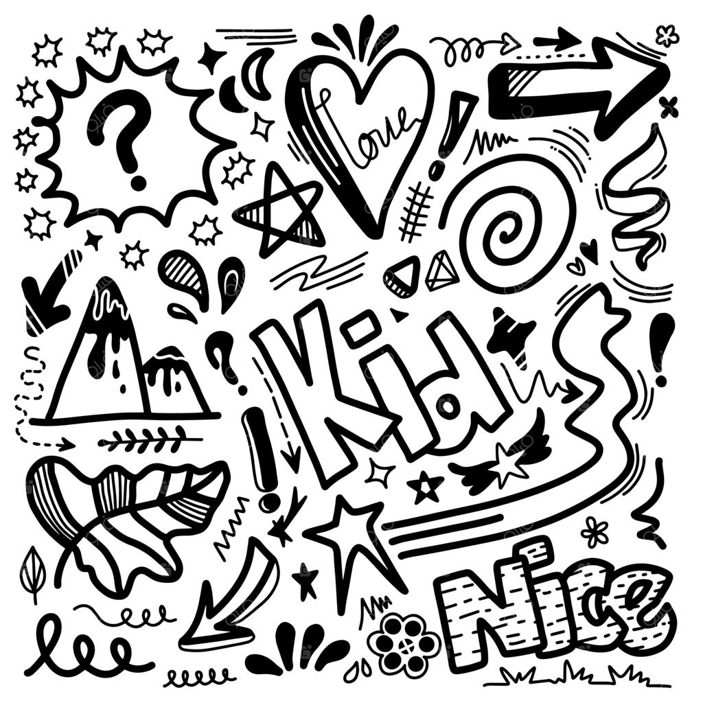 ست نقاشی کودکانه: تپه، برگ‌ها، قلب، طرح کج مج. طرح‌های خنده‌دار بچه‌گانه: گل، فلش، ستاره‌ها.