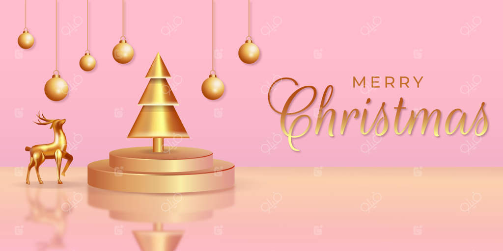 پس‌زمینه زیبا و لوکس کریسمس با گوزن طلایی، پودیوم طلایی، درخت طلایی و چراغ طلایی