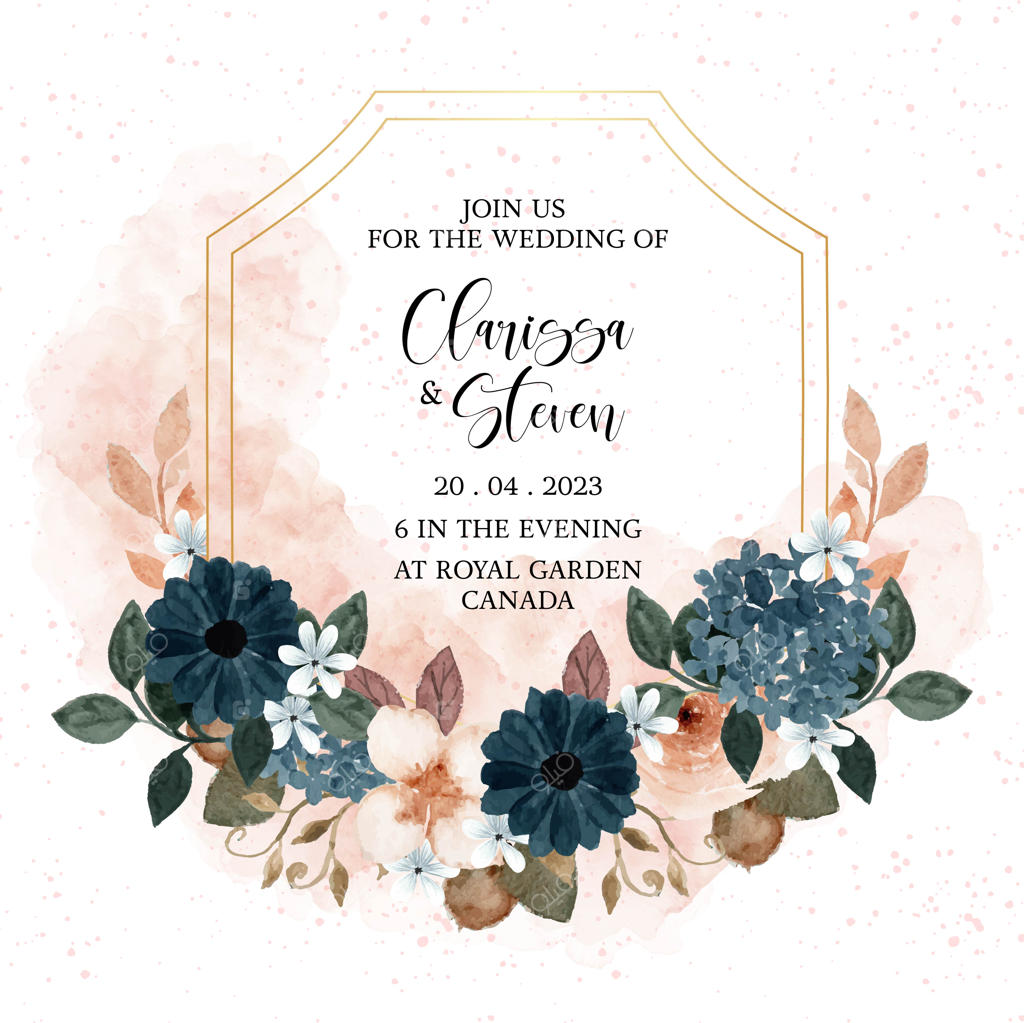 قاب گل‌های زیبای آبرنگی آبی با پس‌زمینه‌ی انتزاعی و روستیک