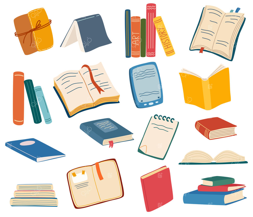 مجموعه بزرگ کتاب‌ها: مطالب آموزشی، ادبیات و طراحی واقع‌گرایانه. برنامه‌ریزان شخصی، دفترچه‌ها. کتاب‌های درسی خالی، جلد سخت با صفحات خالی و انبوهی از کتاب‌ها. تصاویر برداری دست‌کشیده
