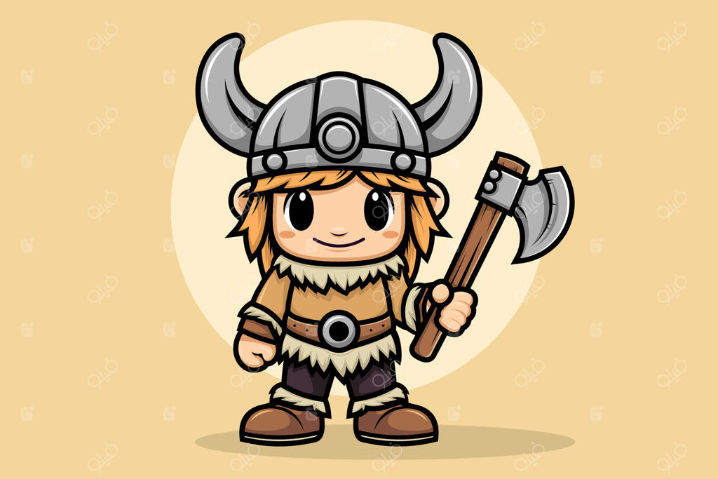 تصویرسازی پسر بچه بامزه با لباس وایکینگ؛ کاراکتر کارتونی و مسکوت وایکینگ با طراحی فلت، مناسب برای لندینگ پیج، بنر، تراکت، استیکر و کارت