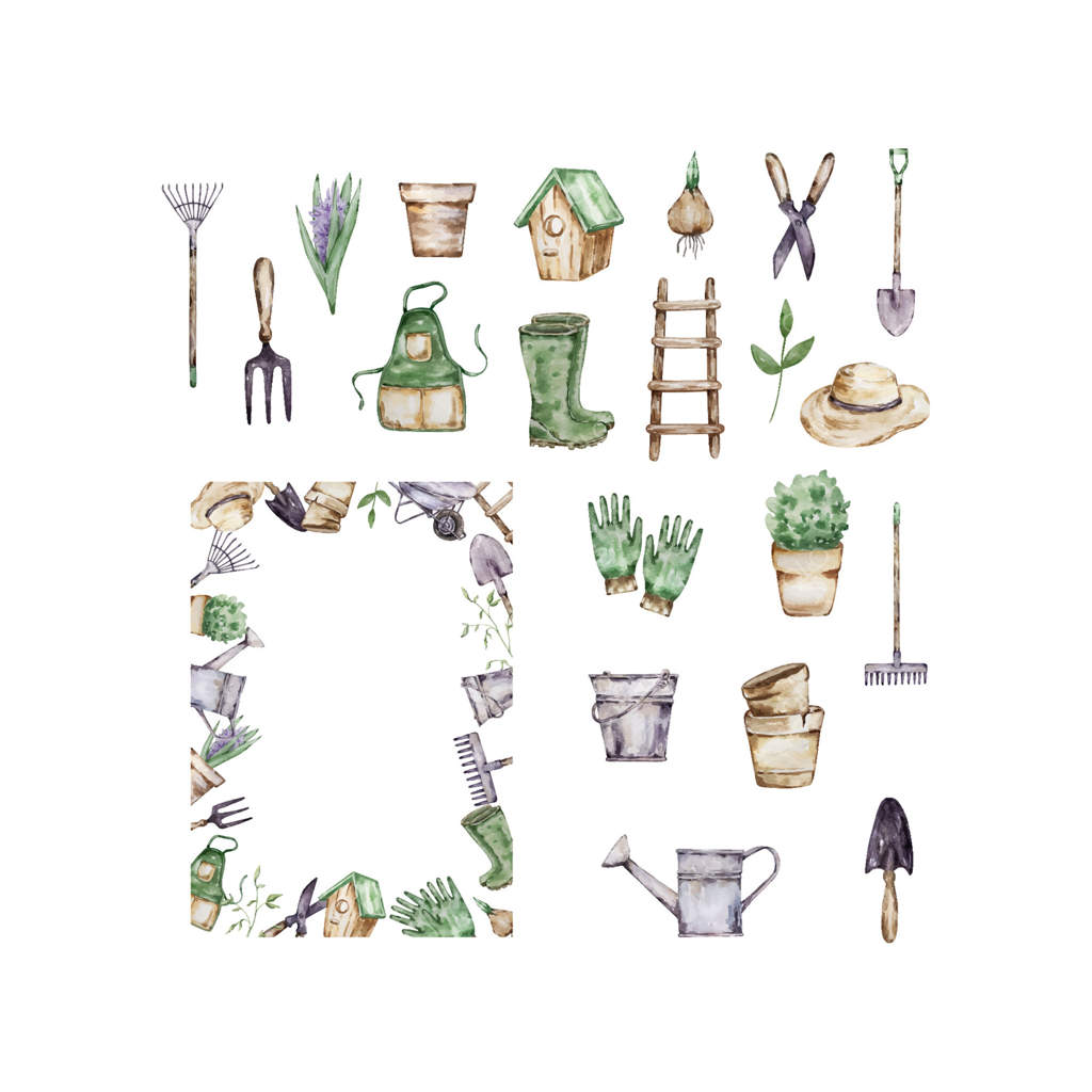 قاب باغ آبرنگی با عناصر ابزار باغبانی